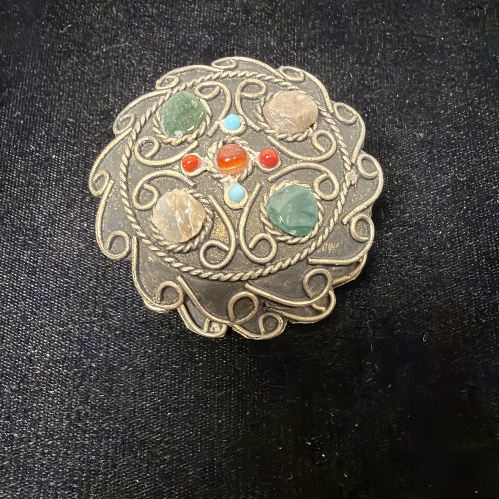 VTG Nepalian Silver Tone Trinket Box With Mixed  Stone Dia 2.0" Cabachon